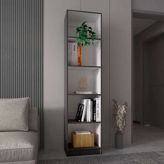 Shelving Units, Zachary Matt Gray and White 5-Shelf Slim Bookcase, Grey+White Display Shelves,Wood Metal Shelving Units, Furniture Primary Living Space Display, Shelving & Etageres