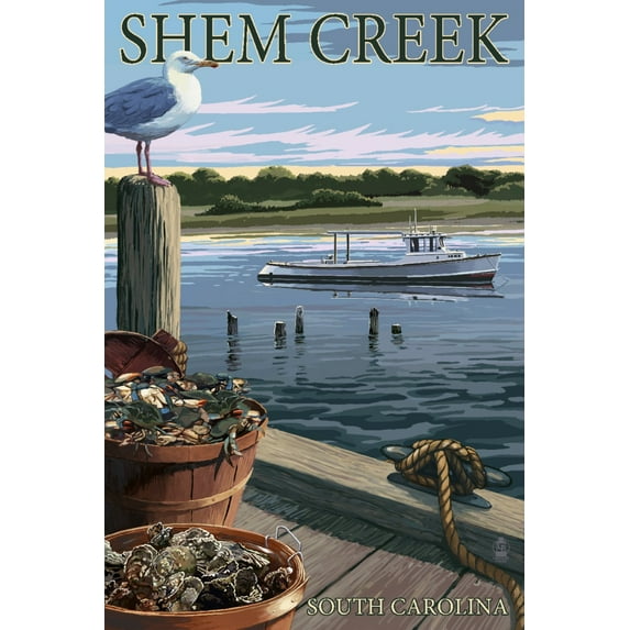 Shem Creek, South Carolina, Blue Crab and Oysters on Dock (24x36 Giclee Gallery Art Print, Vivid Textured Wall Decor)