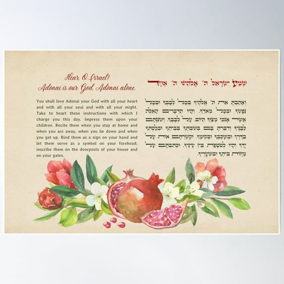 Shema Israel Hebrew English Jewish Prayer With Pomegranates Poster Wall Art, Modern Wall Decor For Living Room Bedroom, 24x36 UNFRAMED