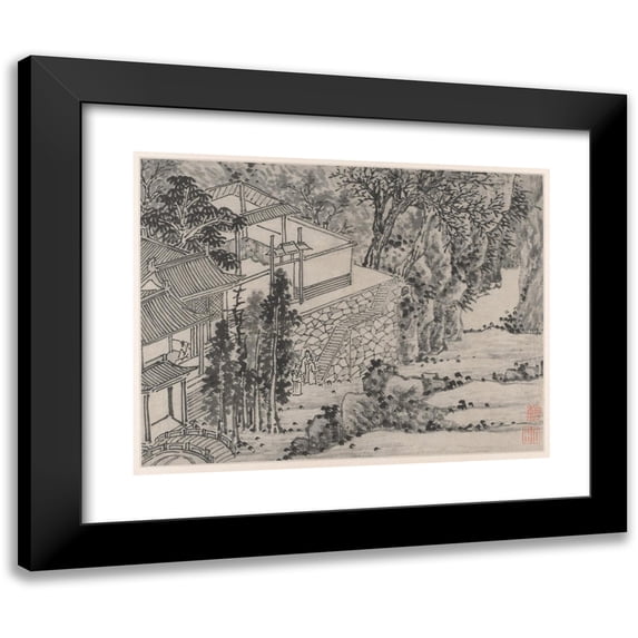 Shen Zhou 14x12 Black Modern Framed Museum Art Print Titled - The Enlightened Stone Retreat (After 1490)