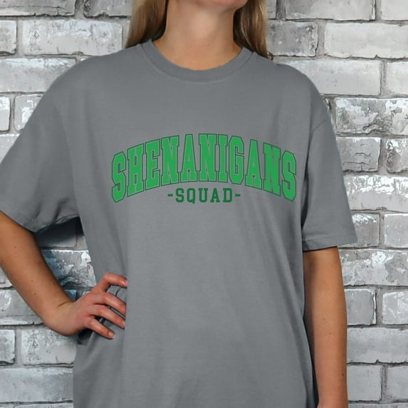Shenanigans Squad St. Patrick's Day Comfort Colors Shirt, Retro Lucky St. Patty's Day T-shirt, Funny St. Patrick's Day Graphic Shirt Design (Colors:Granite; Sizes:L;)