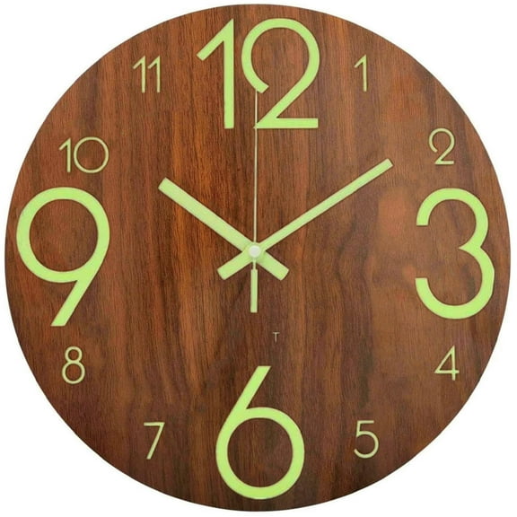 Shenbbrba 12 inch Luminous Wooden Round Silent Non-Ticking Quartz Wall Clocks, Large Numbers and Hands, Easy to Read Both Day and Night