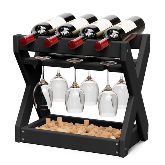 Shenbor HDPE Countertop 3-in-1 Wine Rack, X-Shaped Stable Design, Holds 4 Bottles & 6 Glasses, Cork & Tool Storage, 304 Stainless Steel Hardware, Easy 10-Min Assembly