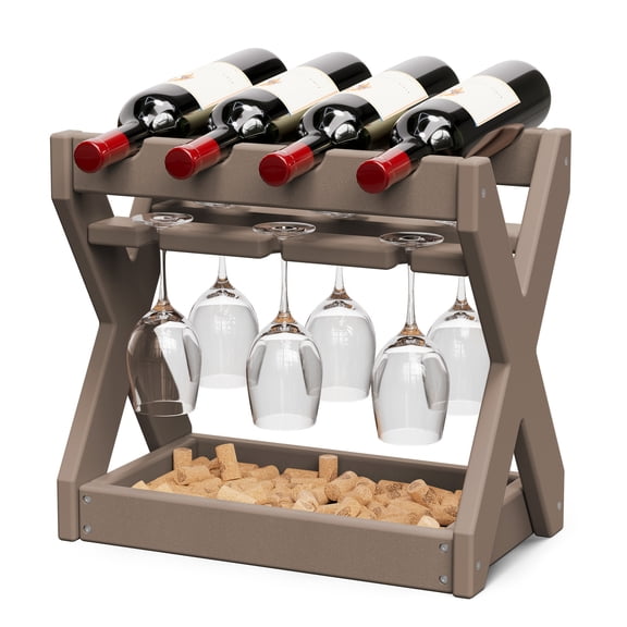 Shenbor HDPE Countertop 3-in-1 Wine Rack, X-Shaped Stable Design, Holds 4 Bottles & 6 Glasses, Cork & Tool Storage, 304 Stainless Steel Hardware, Easy 10-Min Assembly