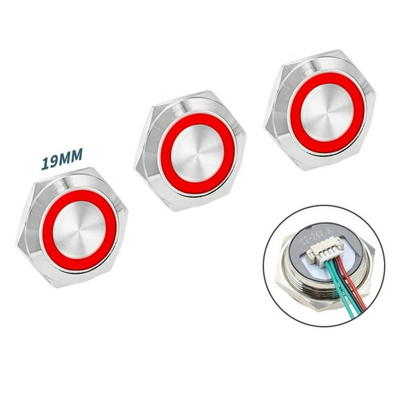Sheng Yi Home Improvement,Home Accessories,3pcs 19mm Push Button Switch LED Light 12V 24V Momentary Waterproof with Wire