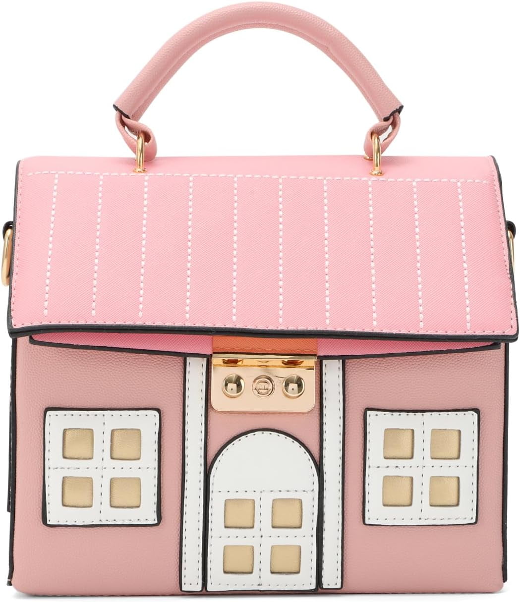 Pink House Shaped Faux Leather Crossbody Shoulder Bag