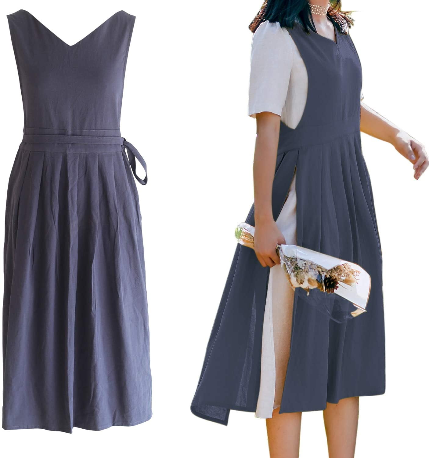 ShengRui Split Cotton Linen Apron Pinafore Dress with Long Waist Ties for Women