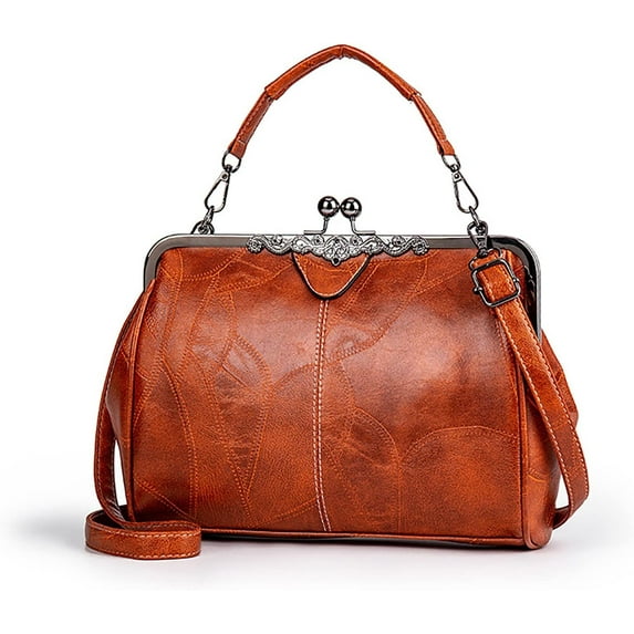 ShengRui Women Vintage Hollow Handbag Oil Leather Shoulder Crossbody Bag Satchel Purse with Kiss Lock Closure