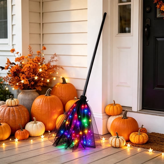 ShengapQ 35.4 Inch LED Light Up Witch Broom, Halloween Decorations, Colorful Lights, Party Favor, Perfect for Haunted Houses, Versatile Decoration Prop, Durable Plastic Design