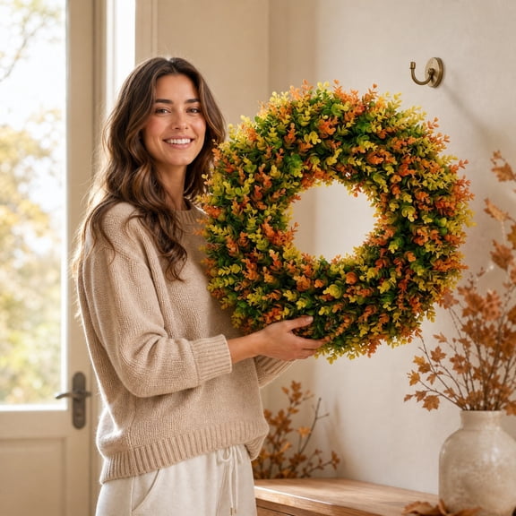 ShengapQ Artificial Fall Wreath, 24in Decorative Wreath, Front Door Wreath, Thanksgiving Decoration, Home Decor for Entryway, Autumn Wreath, Mixed Foliage Wreath