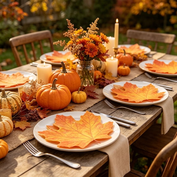 ShengapQ Autumn Thanksgiving Disposable Tableware 32Pcs, Paper Plates and Cups, Fall Holiday Dinner Party Supplies, Pumpkin and Maple Leaf Design, Easy Cleanup for Gatherings