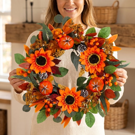 ShengapQ Fall Front Door Wreath, Artificial Sunflower Pumpkin Wreath, Thanksgiving Halloween Decor, Indoor Outdoor Decoration, Eye-Catching Autumn Centerpiece, Year-Round Holiday Wreath