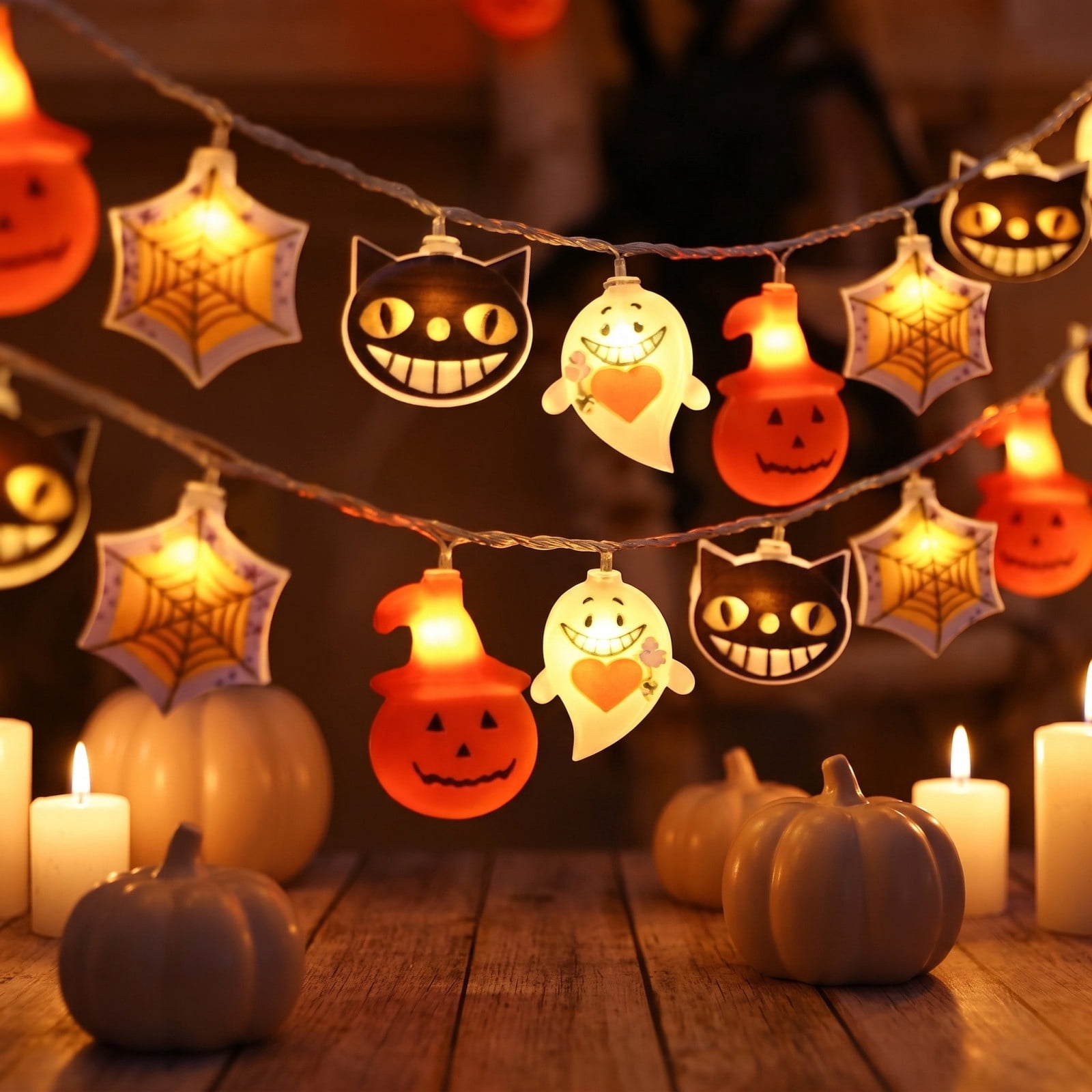 ShengapQ Halloween LED String Lights, Pumpkin Ghost Web Decorations, Battery Operated Fairy Lights, Indoor Party Decor, Warm Orange Lights for Windows and Curtains