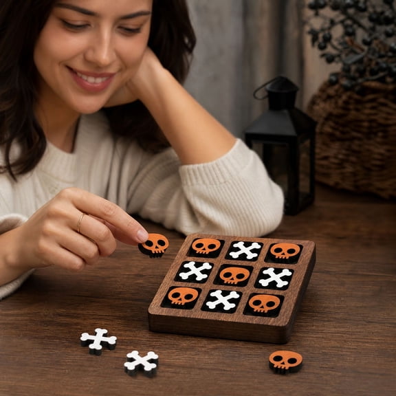 ShengapQ Halloween Themed Wooden Strategy Board Game, Two Player Interactive Game Set, Skull and Crossbone Pieces, Indoor Leisure Activities, Decorative Board Game for Home and Office Decor