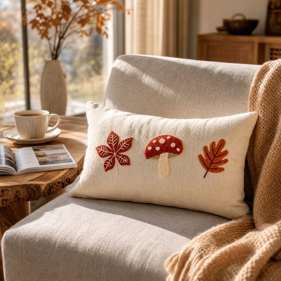 ShengapQ Linen Embroidery Throw Pillow Cover, Decorative Cushion Case, Fall Pillowcase for Sofa, Cute Red Spotted Leaf Design, Soft Polyester with Hidden Zipper, Cozy Cottagecore Home Decor
