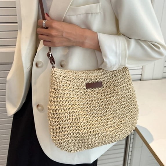 ShengapQ Woven Storage Bag, Portable Handbag, Stylish Beach Bag, Adjustable Shoulder Strap, Spacious Compartment for Essentials, Fashionable Paper Straw Design, Perfect for Travel and Everyday Use