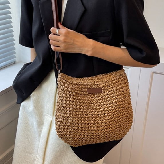 ShengapQ Woven Storage Bag, Portable Handbag, Stylish Beach Bag, Adjustable Shoulder Strap, Spacious Compartment for Essentials, Fashionable Paper Straw Design, Perfect for Travel and Everyday Use
