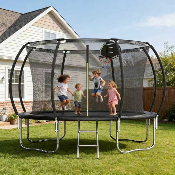 Shengchao Trade 1000LBS 12FT Trampoline for Adults and Kids,Trampoline with Enclosure,Basketball Hoop, Light,Recreational Trampoline with Ladder, Heavy Duty Trampoline Capacity for 4-6 Kids