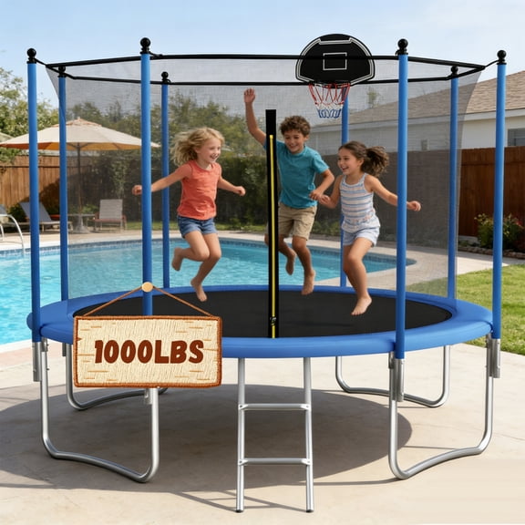 Shengchao Trade 1000LBS 12FT Trampoline for Adults and Kids,Trampoline with Enclosure,Basketball Hoop, Light,Recreational Trampoline with Ladder, Heavy Duty Trampoline Capacity for 4-6 Kids