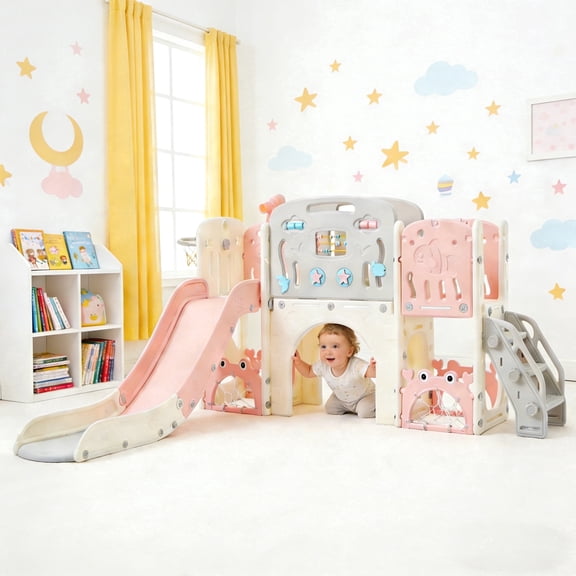 Shengchao Trade 11 in 1 Toddler Slide, Kids Slide for Toddler Age 1-3 with Basketball Hoop, Kids Slide Playset Structure, Arch Tunnel and Telescope, Kids Climbers Playground,Pink
