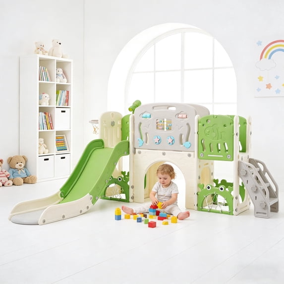 Shengchao Trade 11 in 1 Toddler Slide, Kids Slide for Toddler Age 1-3 with Basketball Hoop, Kids Slide Playset Structure, Toy Storage Organizer for Toddlers, Kids Climbers Playground,Green