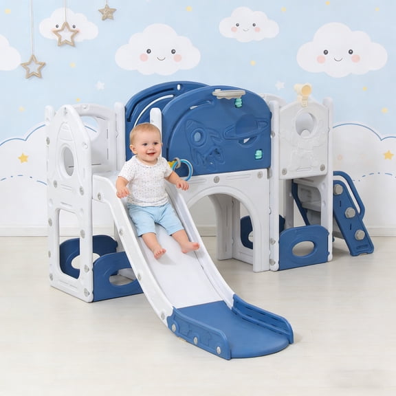 Shengchao Trade 12 in 1 Toddler Slide , Astronaut Themed for Baby Slide Toddlers Aged 1-3, with Astronaut,Telescope, Basketball Hoop and Ring Toss, Toddler Playset Blue Gray Combo