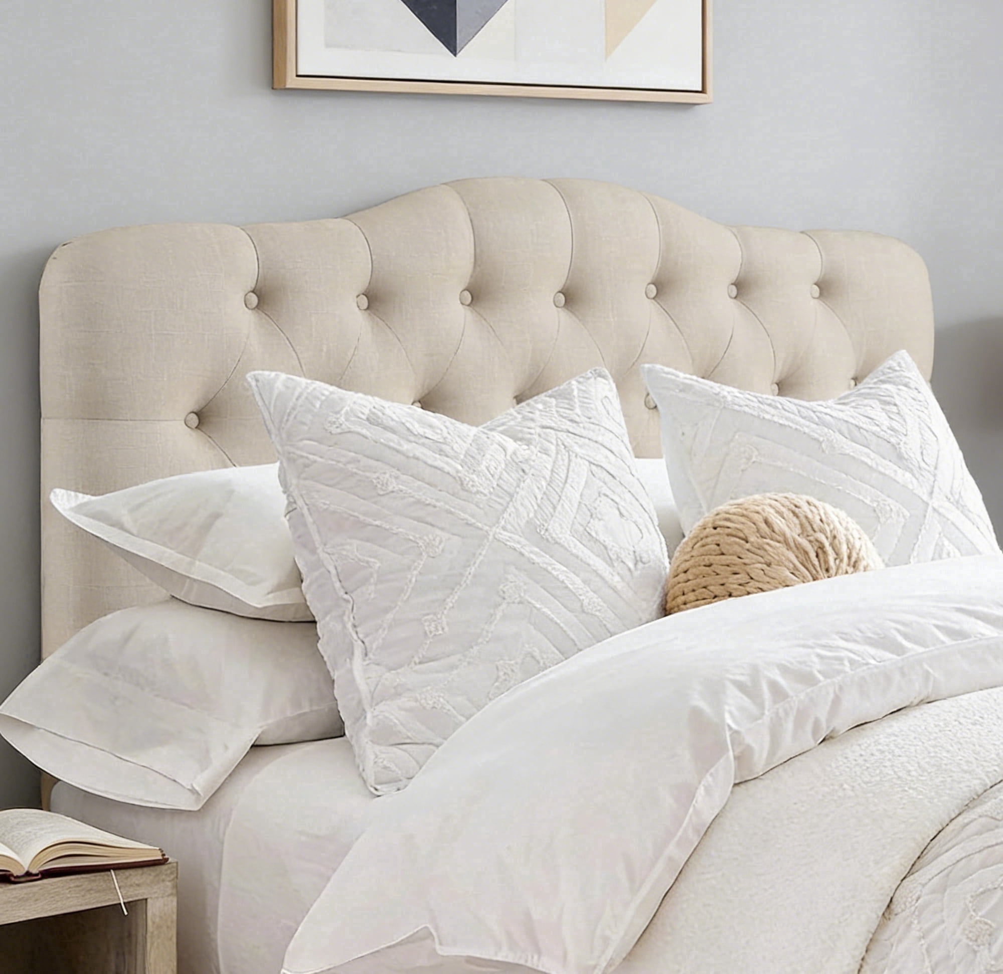 Shengchao Trade Adjustable Heigh Headboard with Linen Upholstery and Button Tufting for Bedroom,Queen,Natural Linen