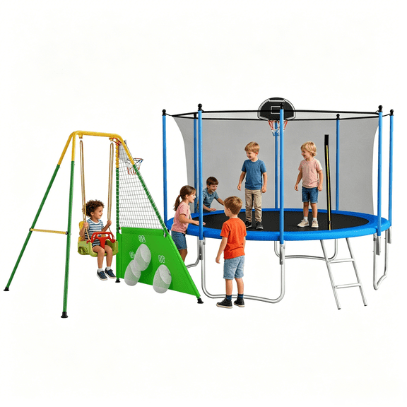Shengchao Trade Heavy-Duty 12-Foot Trampoline Set for Kids & Adults 1,000-Pound Capacity, Safety Enclosure Net, Basketball Hoop, Ladder Includes 3-in-1 Toddler Swing Set with Basketball Hoop