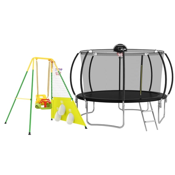 Shengchao Trade Heavy-Duty 12-Foot Trampoline Set for Kids & Adults 1,000-Pound Capacity, Safety Enclosure Net, Basketball Hoop, Ladder Includes 3-in-1 Toddler Swing Set with Basketball Hoop