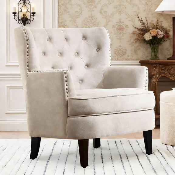 Shengchao Trade Linen Upholstered Club Chair 34.5H, Barrel Chair, Wingback Tufted Button Armchair, Contemporary Nailhead Accent Chair for Living Room, Bedroom, Recreation Room, Entryway, Small Space