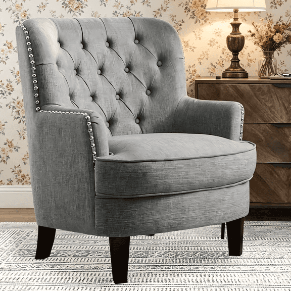 Shengchao Trade Upholstered Club Chair 34.5H, Barrel Chair, Wingback Tufted Button Armchair, Contemporary Nailhead Accent Chair for Living Room, Bedroom, Recreation Room, Entryway, Small Space