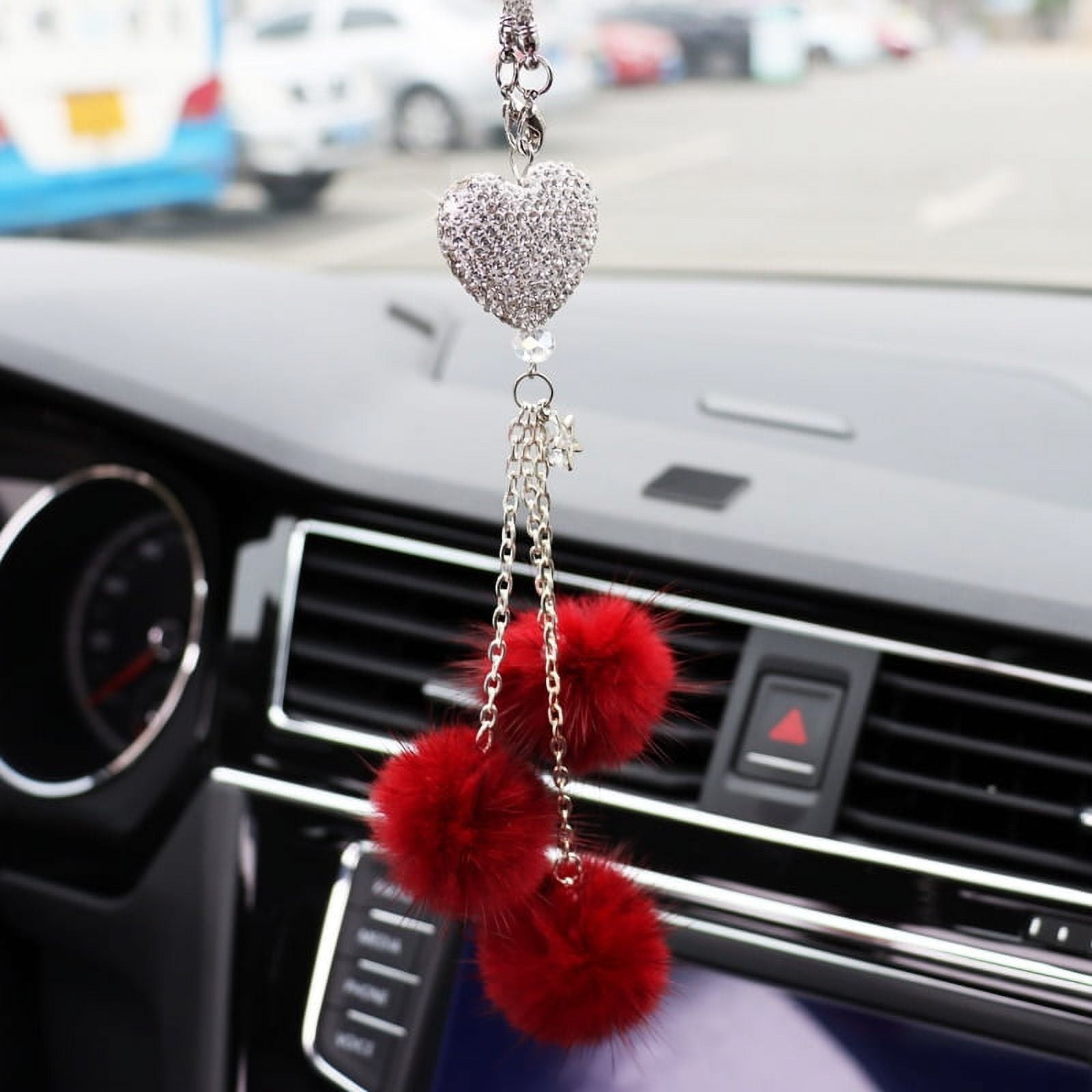 Shengshi Bling Car Mirror Accessories Creative Rear View Mirror Crystal  Hanging Charms Lucky Pink Plush Ball Pendant Automobile Ornaments Red 