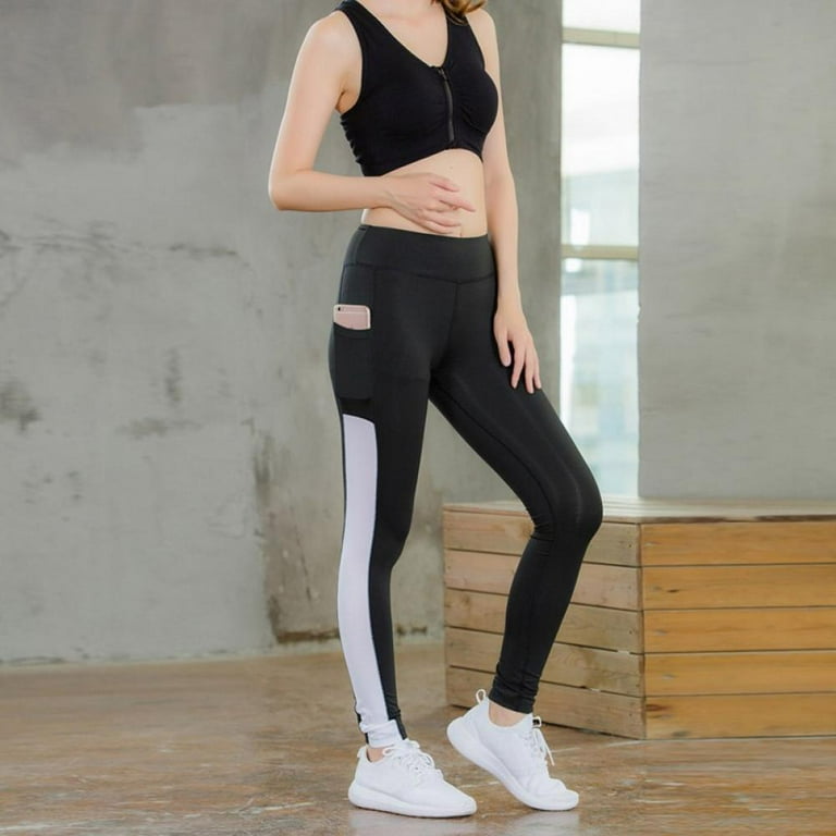 Shengshi Women Yoga Pants Color Blocking Mesh Workout Running Leggings Tights Black White L