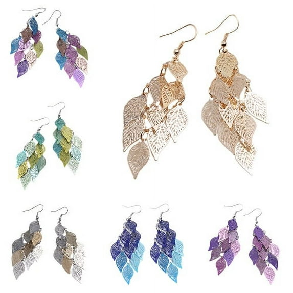 Shenmeida 1 Pair Dangle Earrings - Long Hanging Metal Link Leaf Drops for Women - Bohemian Lightweight Layered Dangling Leaves