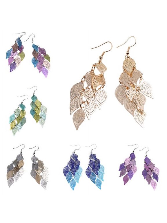 1 Pair Dangle Earrings - Long Hanging Metal Link Leaf Drops for Women - Bohemian Lightweight Layered Dangling Leaves