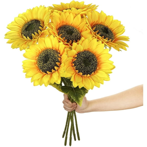Shenmeida 1Pc 7 Heads Artificial Silk Sunflowers Long Stem Fake Sunflowers Bouquet Large Sunflowers Decor for Home Hotel Office Wedding Party Garden