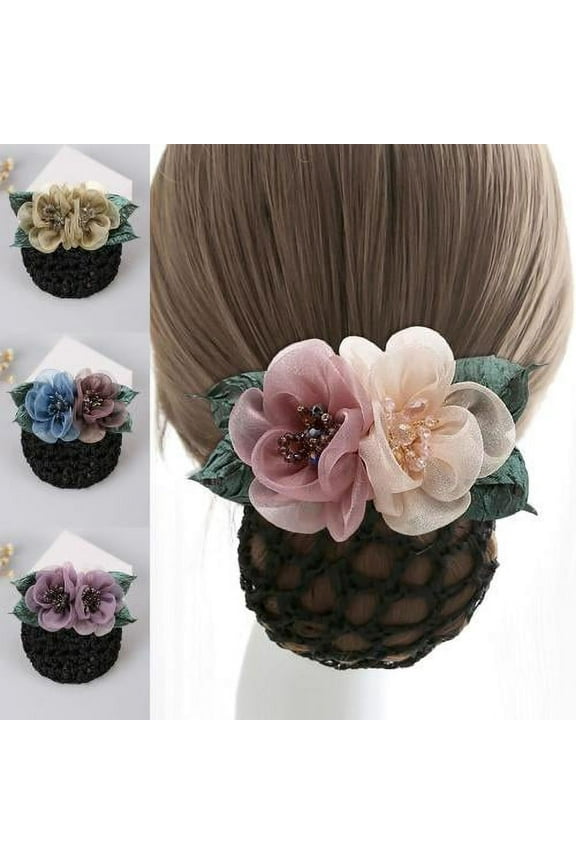 2 pcs Women Hair Bun Cover Snood Net Satin Decorative Hair Clip Flower Hair Accessories for Restaurant Stewardess Bank Hotel Staff