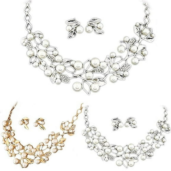 Shenmeida 2Pcs/set Elegant Faux Pearl Leaves Choker Jewelry Set for Women, Necklace Earrings Set Jewelry Set Wedding Party Jewelry for Bridal Bridesmaid