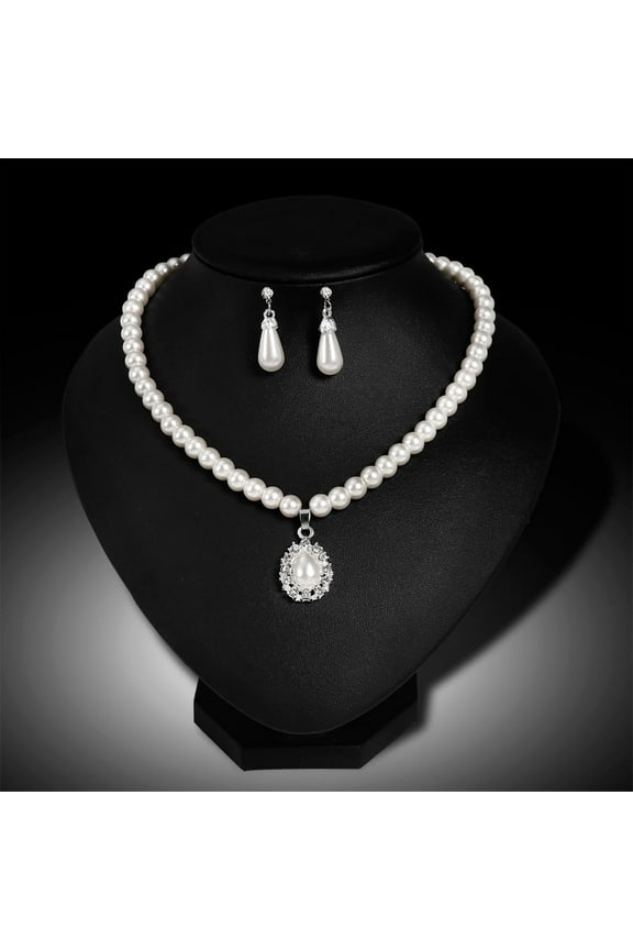 2Pcs/set Wedding Faux Pearl Necklace Earrings Set Pearl Teardrop Bridal Rhinestones Jewelry for Women Bridesmaids Brides