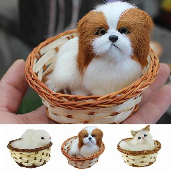 Shenmeida 3PCS Cat/Dog/Rabbit in Basket Doll Toy Lovely Mini Kitten in Woven Basket Realistic Fake Cat Fluffy Hand Toy Gift Plush Toy Stuffed Toy Decorations for Office Desk Boys Girls