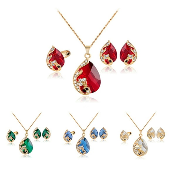 Shenmeida 3Pcs/set Exquisite Necklace Jewelry Set Waterdrop Shape Rhinestone Necklace Ring Earrings Set for Anniversary