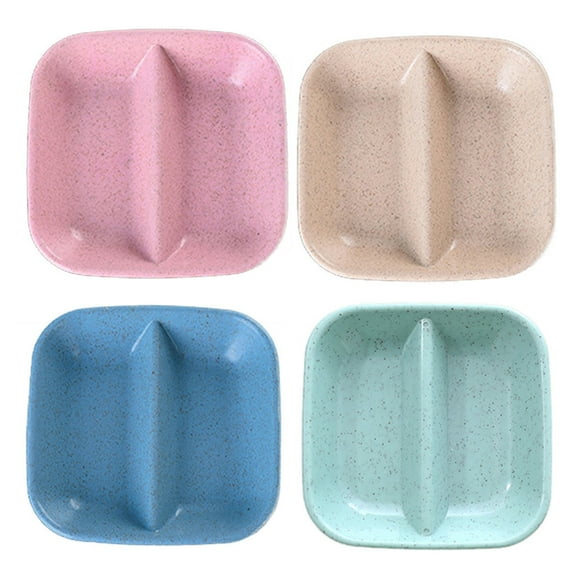 FOULEZRE 4Pcs Dual Sauce Bowls Dual Sauce Dishes Divided Sauce Dishes Wasabi Sushi Dipping Plates Appetizer Serving Tray for Restaurant Kitchen, Soy Sauce, Ketchup, BBQ Sauce