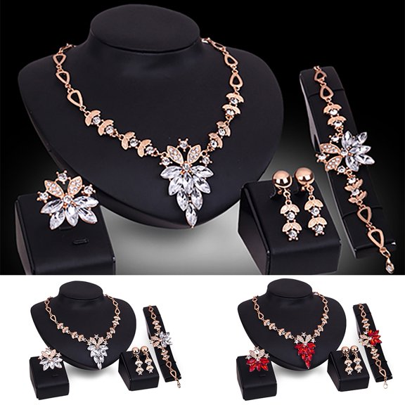 Shenmeida 4Pcs/set Rhinestone Flower Design Crystal Durable Bridal Floral Necklace Earrings Bracelet Jewelry Set for Wedding