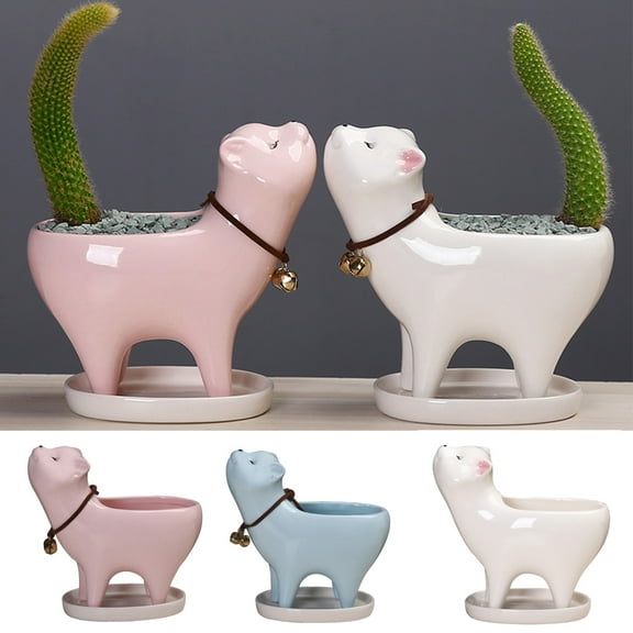 Shenmeida Cat Succulent Planter Decorative Animal Flower Pot Mini Cartoon Ceramic Grass Plant Pot Box with Tray Saucer