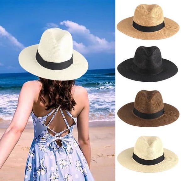 Shenmeida Classic Mens Women Straw Fedora Hat Wide Brim Panama Hat Summer Dress Hat for Beach