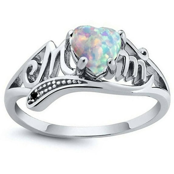 Shenmeida Letters Engraved Heart Shape Birthstone Rings for Women Sterling Silver Created Opal Rings Heart Rings Dainty Engagement Rings for Women 1PC