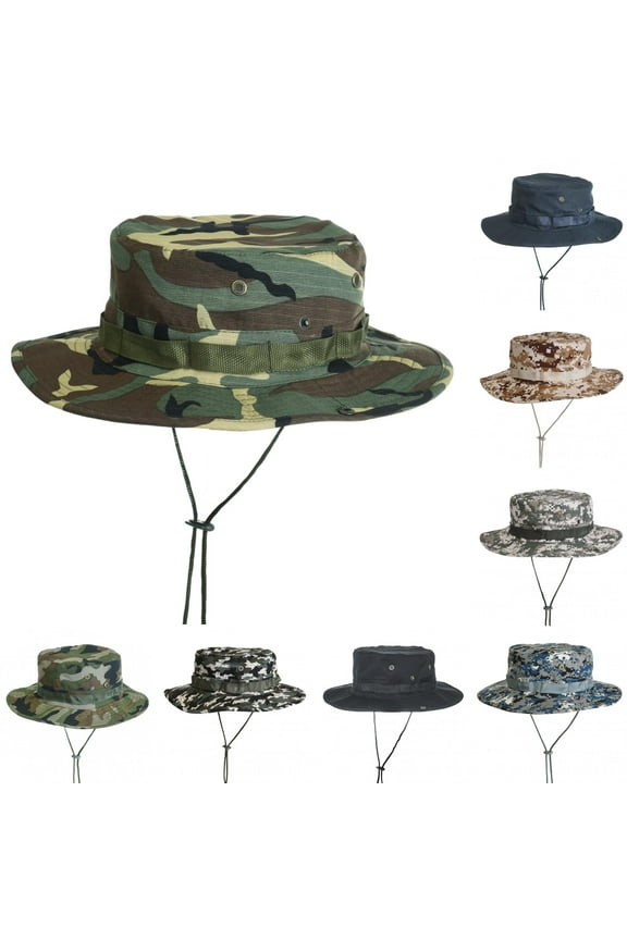 Outdoor Summer Unisex Wide Brim Fasten String Boonie Hat Sun Cap Jungle Headwear for Men Women
