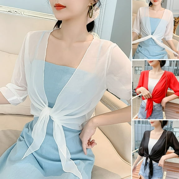 Shenmeida Womens Sheer Shrug Tie Top Open Front Cardigan Perspective Anti-UV Women Cape