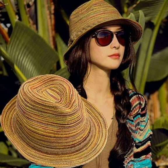 Shenmeida Womens Straw Fedora Beach Sun Hat, Packable Wide Brim Panama Hat for Women UV Summer