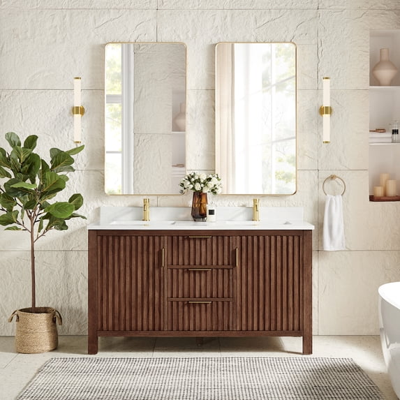 Shenzhen 60" Double Bath Vanity in Aged Dark Brown Oak with Composite Stone Top